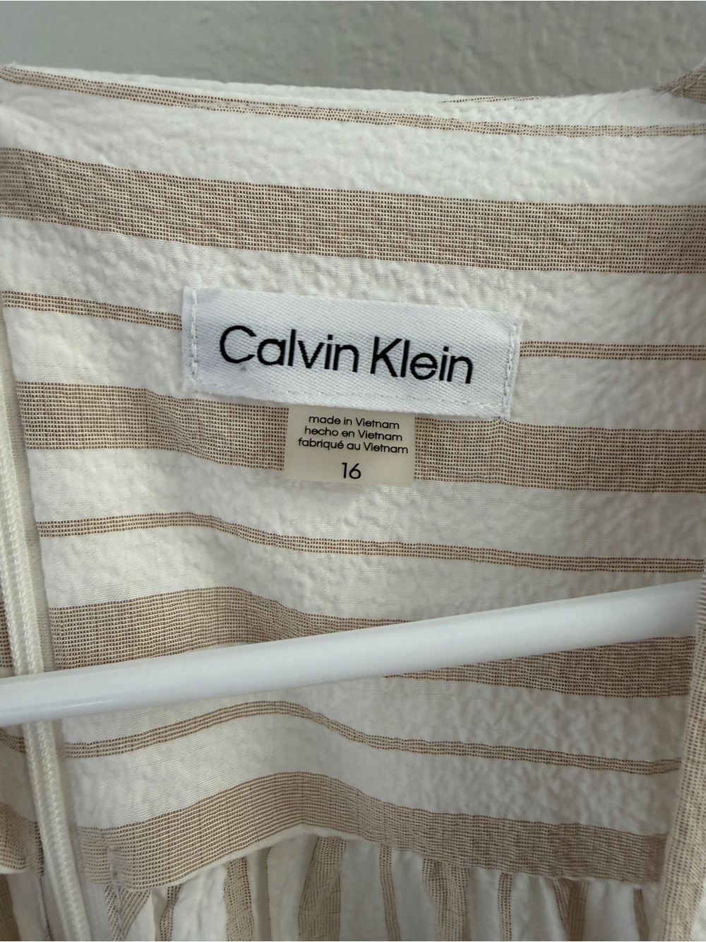 Calvin Klein Tan Cream Striped Surplice V-Neck Sleeveless Midi Dress Size 16 - Picture 3 of 3